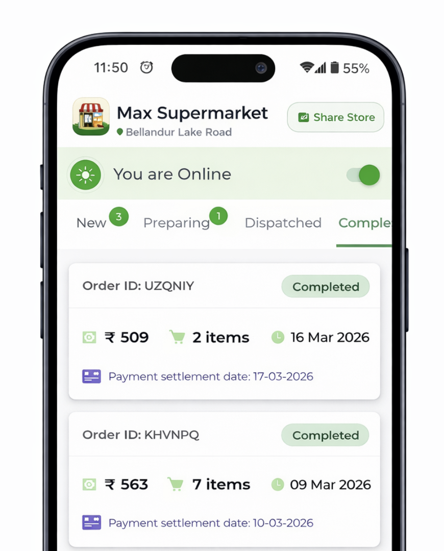 Seller order management experience in KiranaSaathi